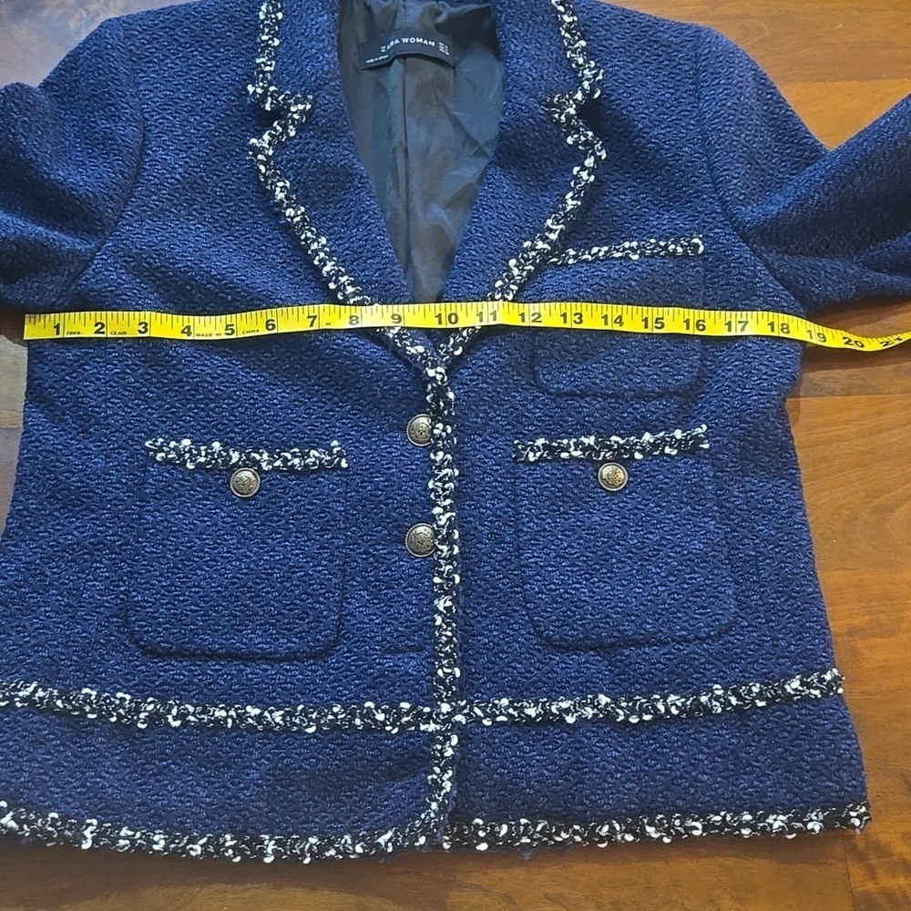 Zara Woman Navy Blue Tweed Boucle Blazer Lady Jacket Size Medium - Picture 8 of 13